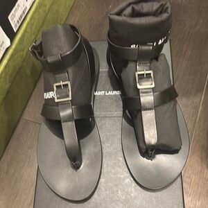 Saint Laurent Black T-Strap Leather Buckle Sandals